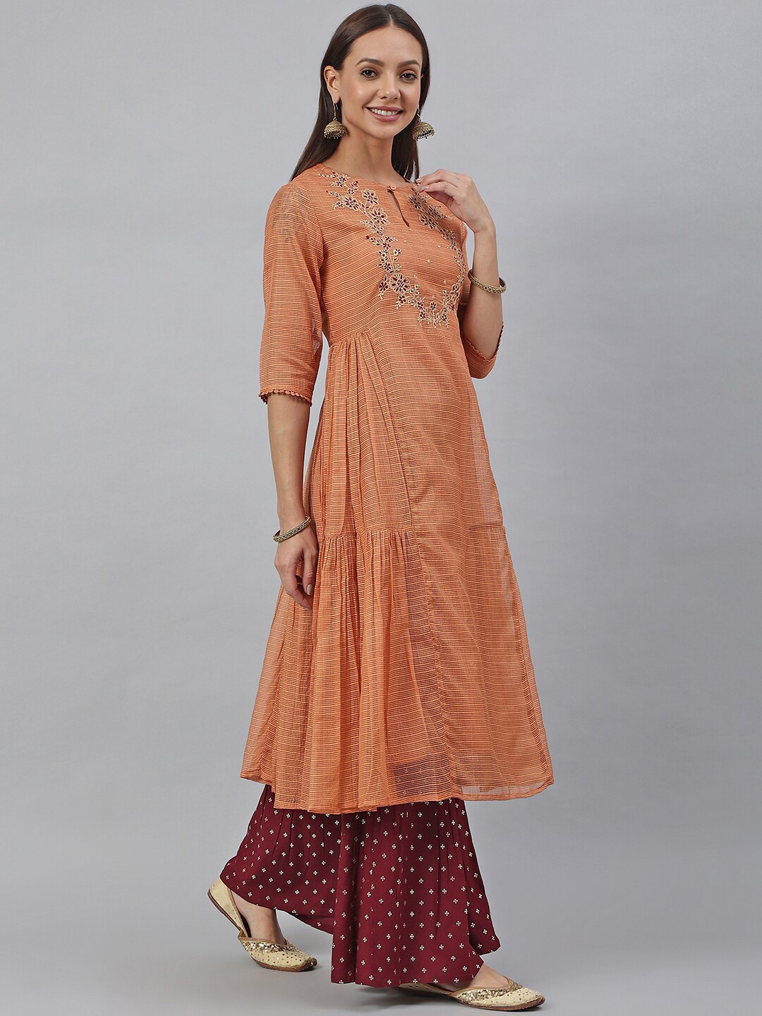 

Janasya Women Rust Kota Doria Resham Embroidery Flared Kurta