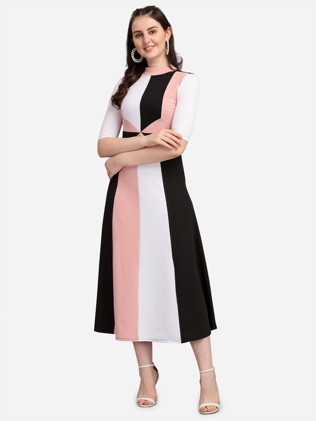 

PURVAJA Women Peach-Coloured Colourblocked Midi Dress