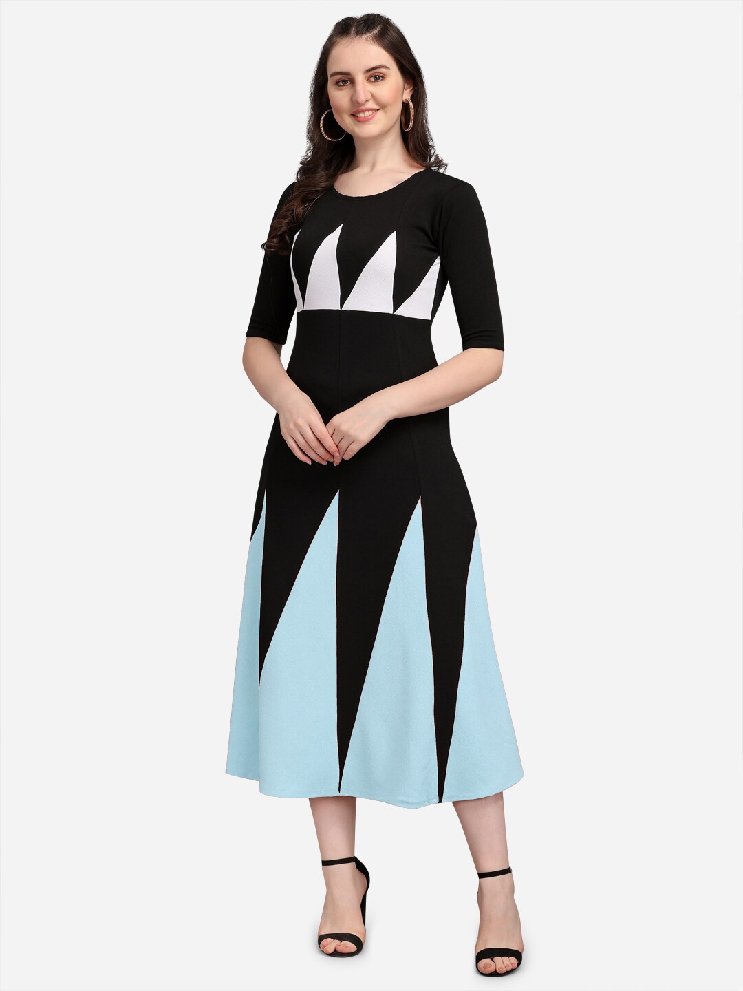 

PURVAJA Blue & Black Colourblocked Midi Dress