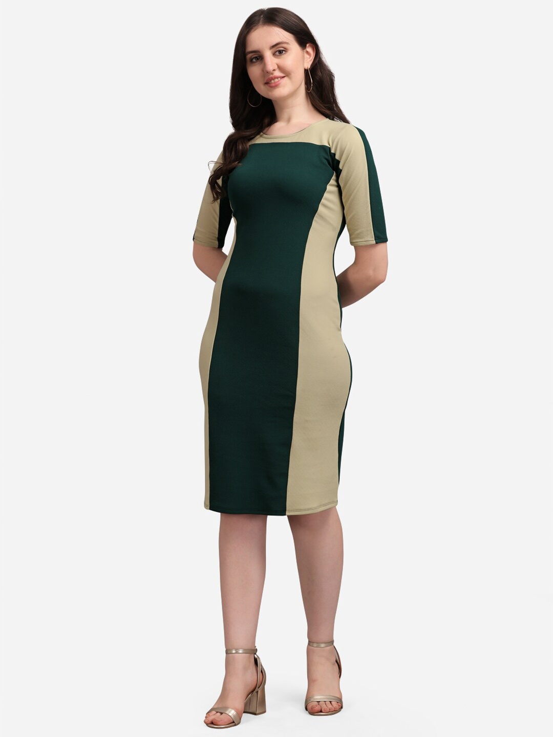 

PURVAJA Olive Green Colourblocked Sheath Dress