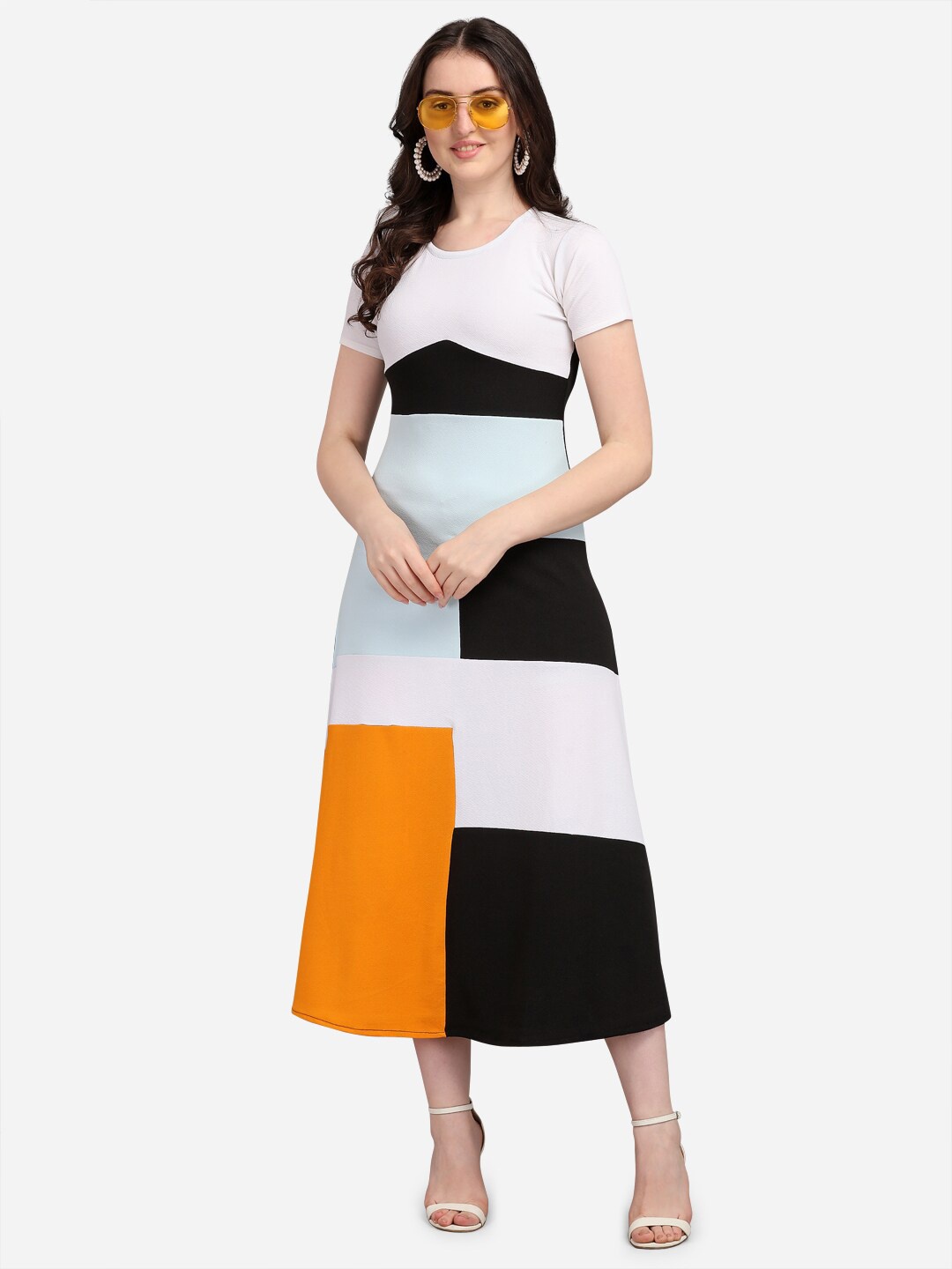 

PURVAJA Women's Black & White Colourblocked A-Line Midi Dress