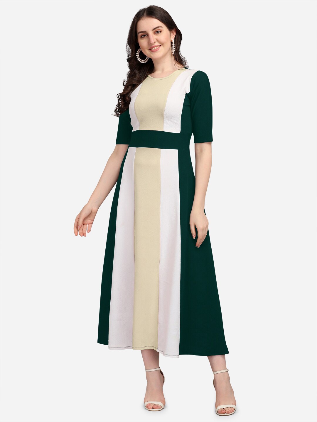 

PURVAJA Olive Green & White Colourblocked Maxi Dress