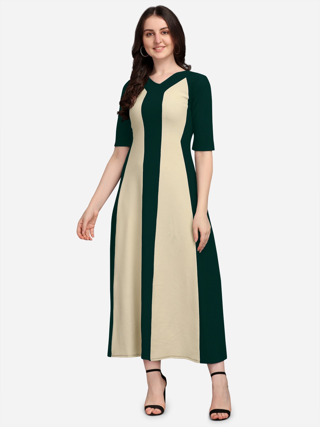 

PURVAJA Olive Green Colourblocked Maxi Dress