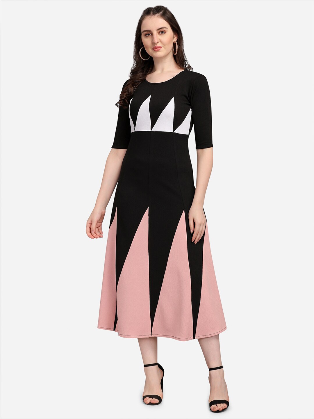 

PURVAJA Black & Peach Solid Midi Dress