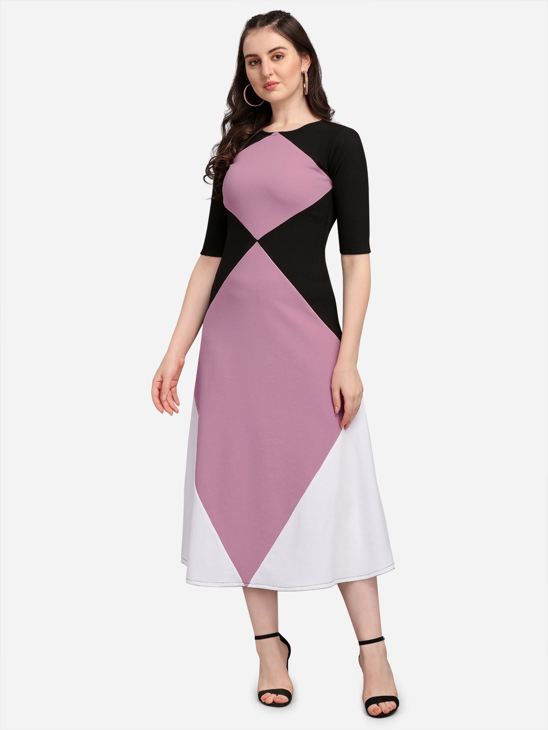 

PURVAJA Light Violet & Black Solid Colourblocked Midi Dress, Lavender