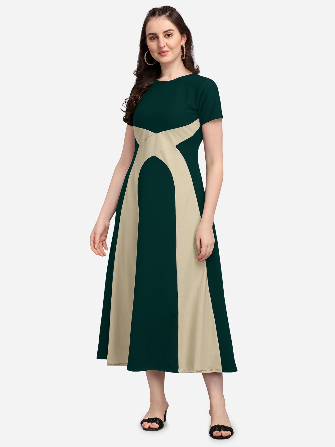 

PURVAJA Women Olive Green & Green Colourblocked Midi Dress