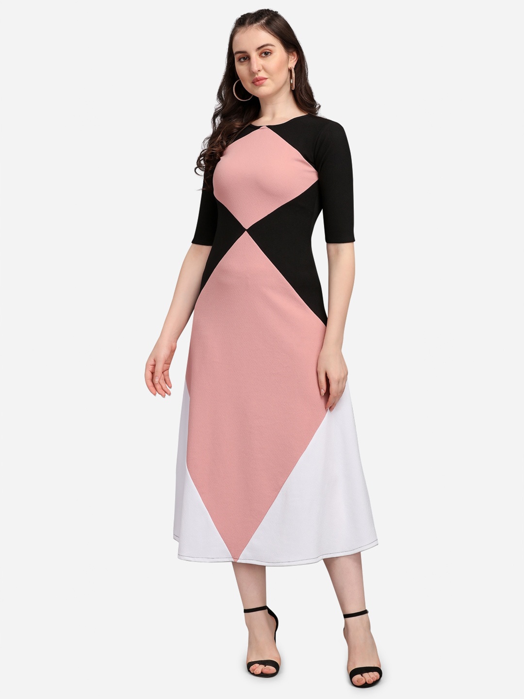 

PURVAJA Peach-Coloured & Black Colourblocked Midi Dress