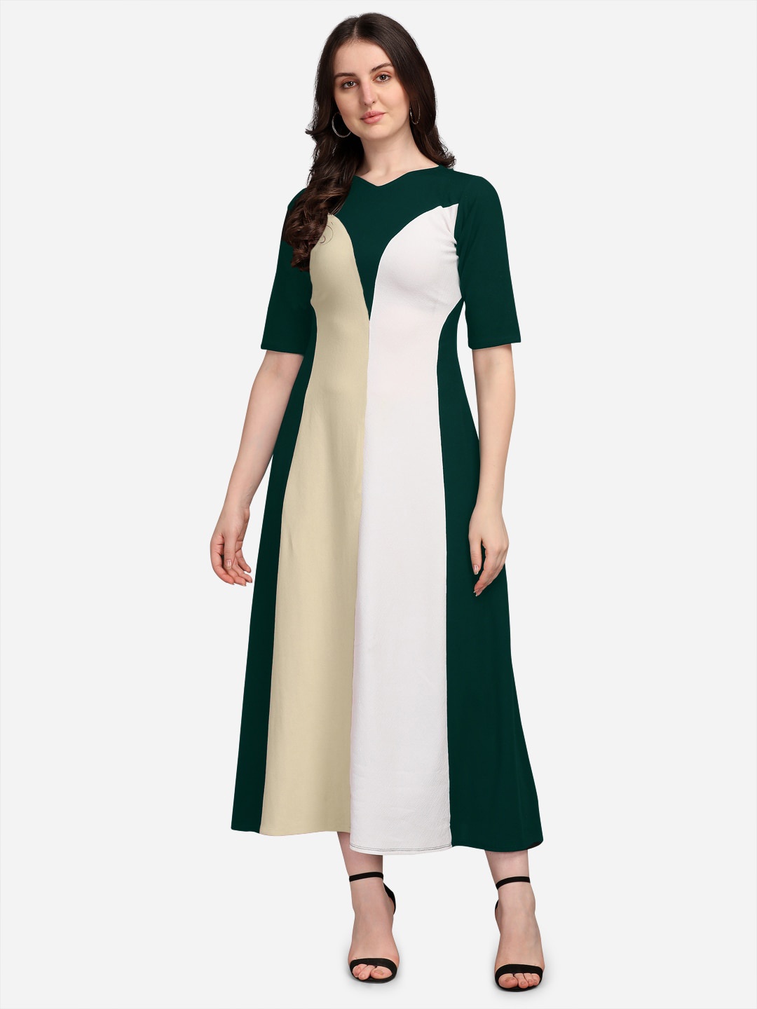 

PURVAJA Olive Green & White Colourblocked A-Line Maxi Dress