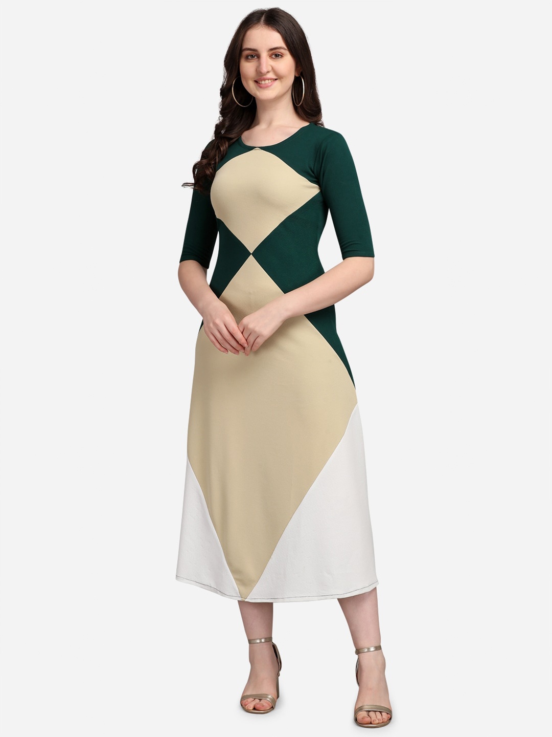

PURVAJA Olive Green & Cream-Coloured Colourblocked A-Line Midi Dress