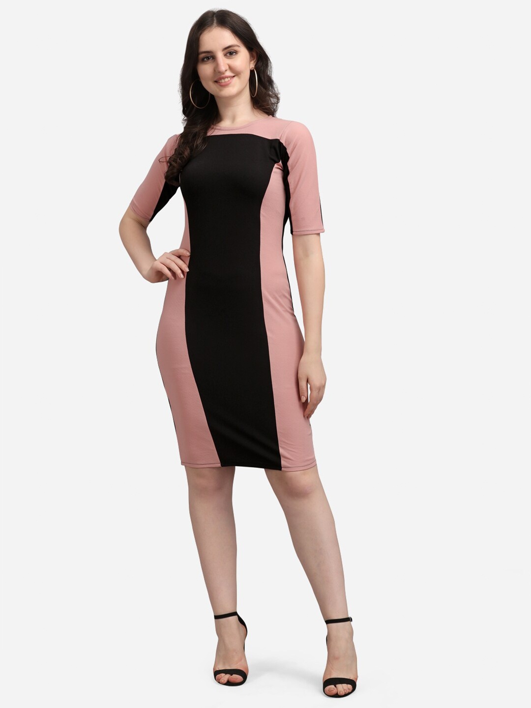 

PURVAJA Peach-Coloured Colourblocked Bodycon Dress