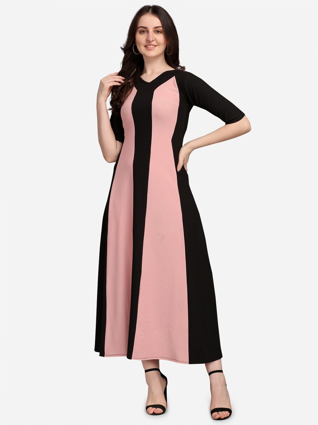 

PURVAJA Peach-Coloured & Black Colourblocked Maxi Dress