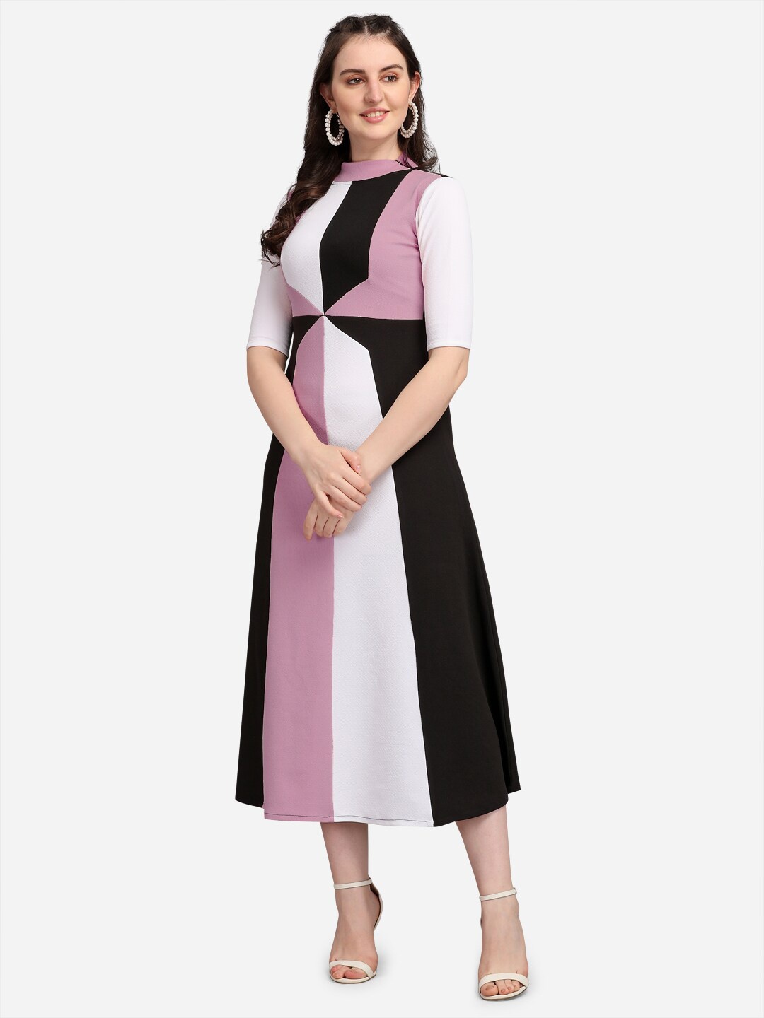 

PURVAJA Lavender Colourblocked A-Line Midi Dress
