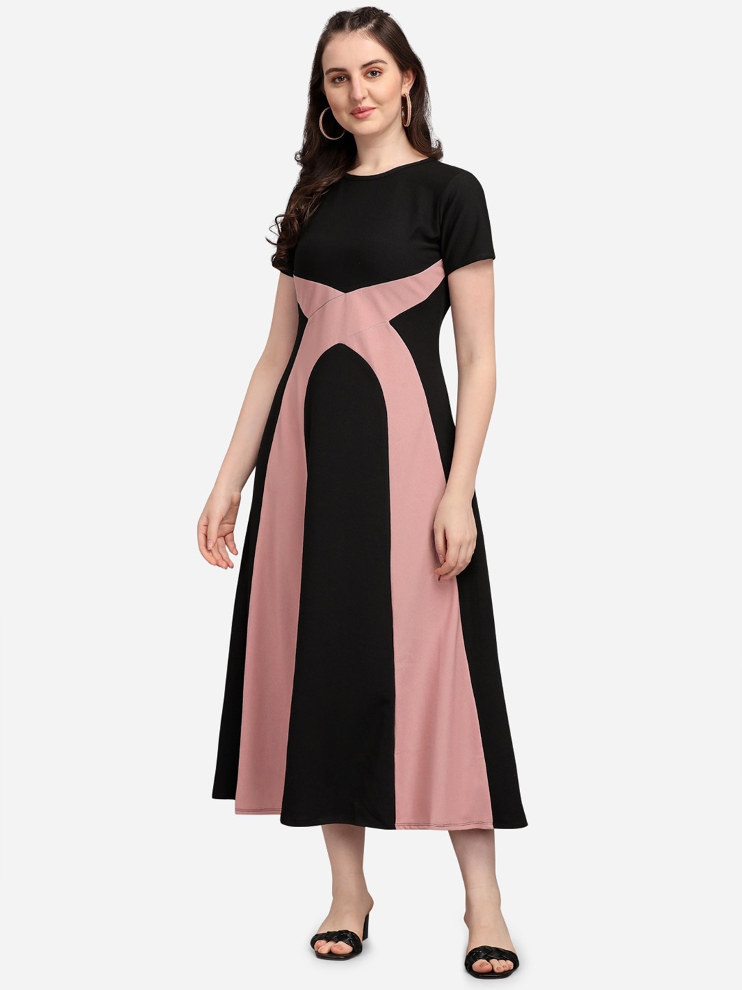 

PURVAJA Peach-Black Colourblocked Midi Dress