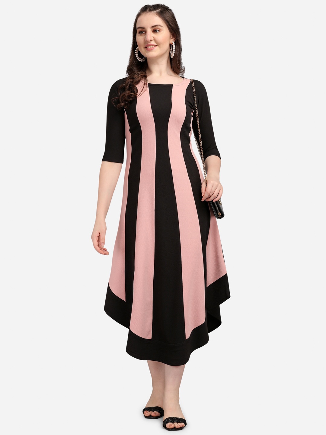 

PURVAJA Women Peach-Coloured Colourblocked A-Line Midi Dress