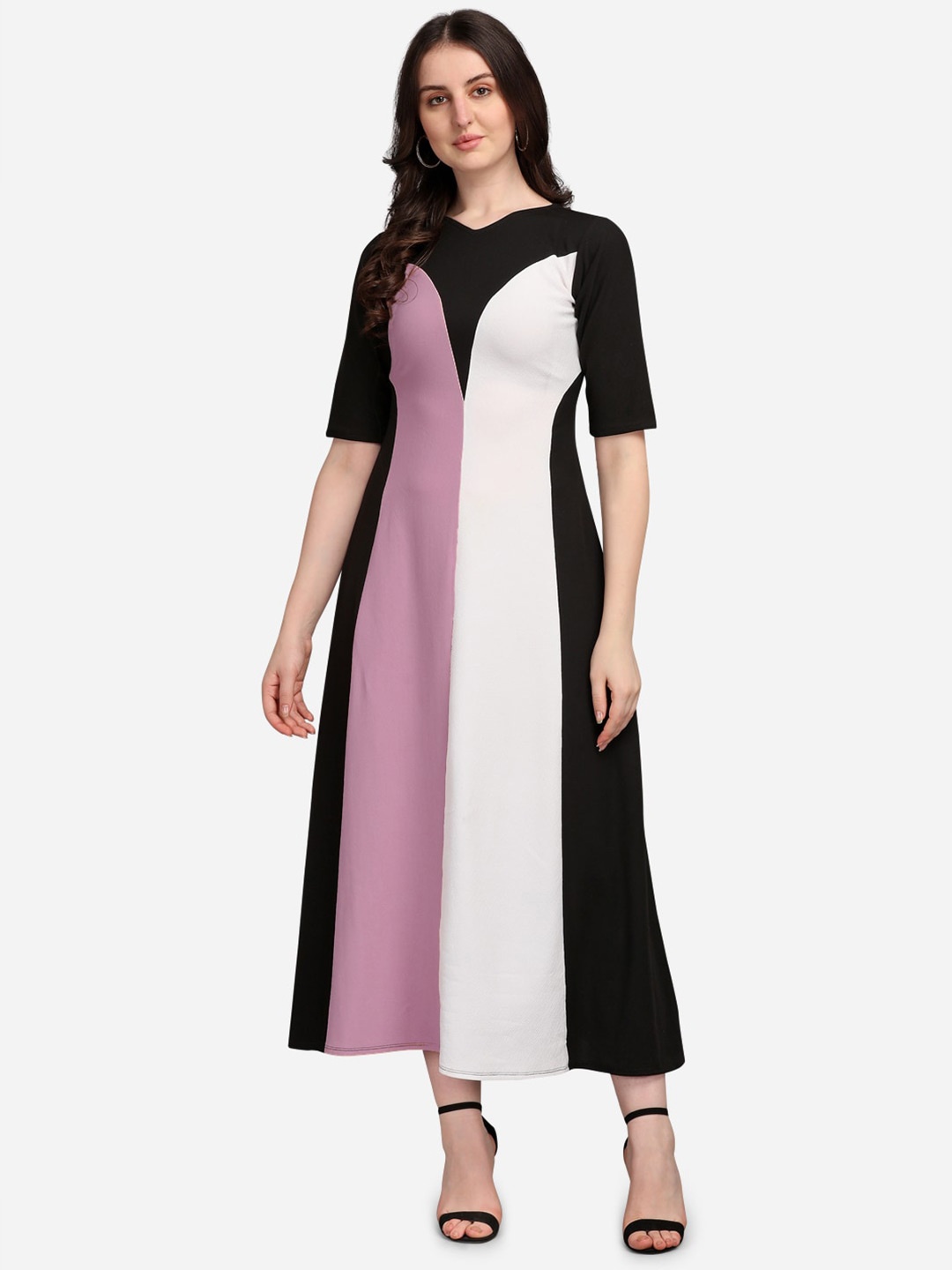 

PURVAJA Women Lavender & Black Colourblocked A-Line Maxi Dress