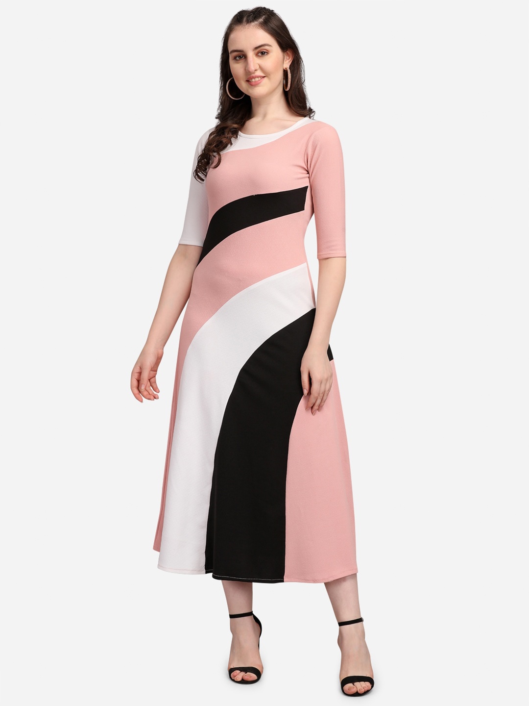 

PURVAJA Peach-Coloured Colourblocked A-Line Midi Dress