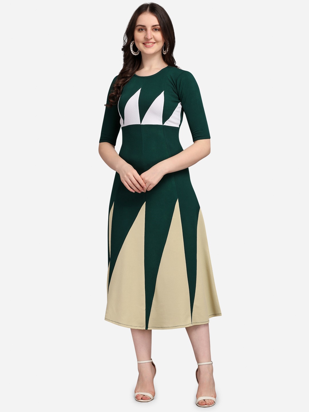 

PURVAJA Olive Green Colourblocked Midi Dress