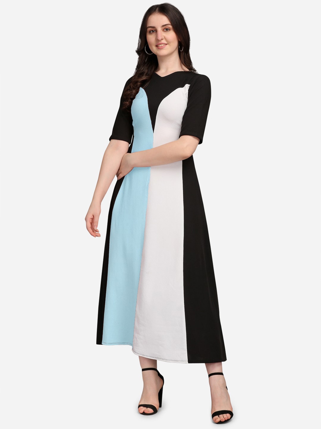 

PURVAJA Black & Blue Colourblocked A-Line Maxi Dress
