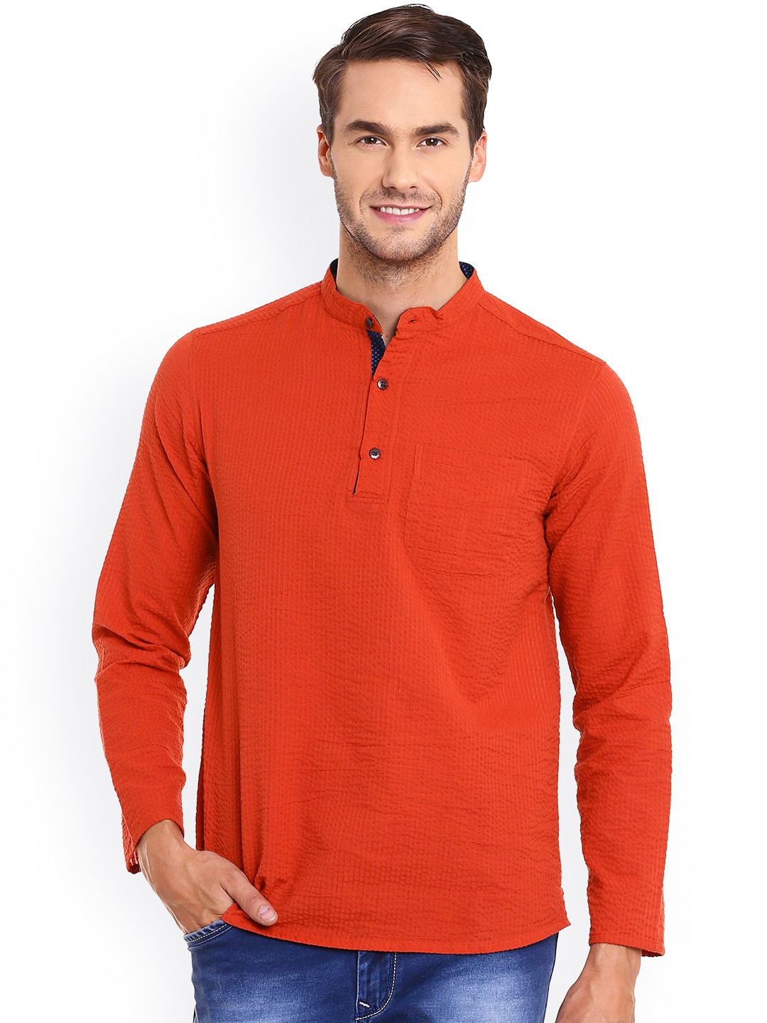 

even Men Orange Woven Straight Short Kurta