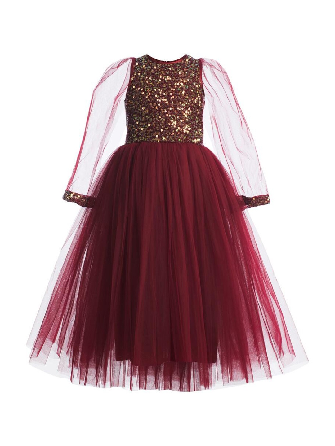 

Toy Balloon kids Girls Maroon Embellished Layered Net Maxi Dress