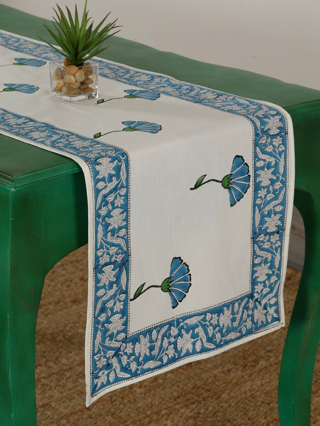 

HANDICRAFT PALACE Turquoise Blue & White Floral Block Printed Table Runner