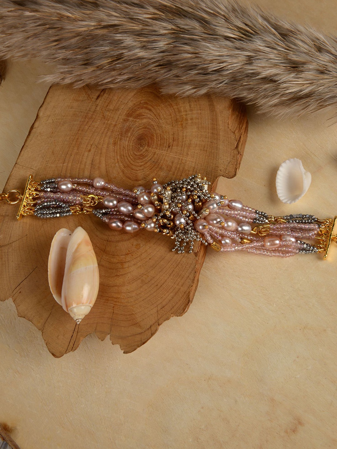 

D'oro Women Peach-Coloured & Grey Handcrafted Pearl Beaded Wraparound Bracelet