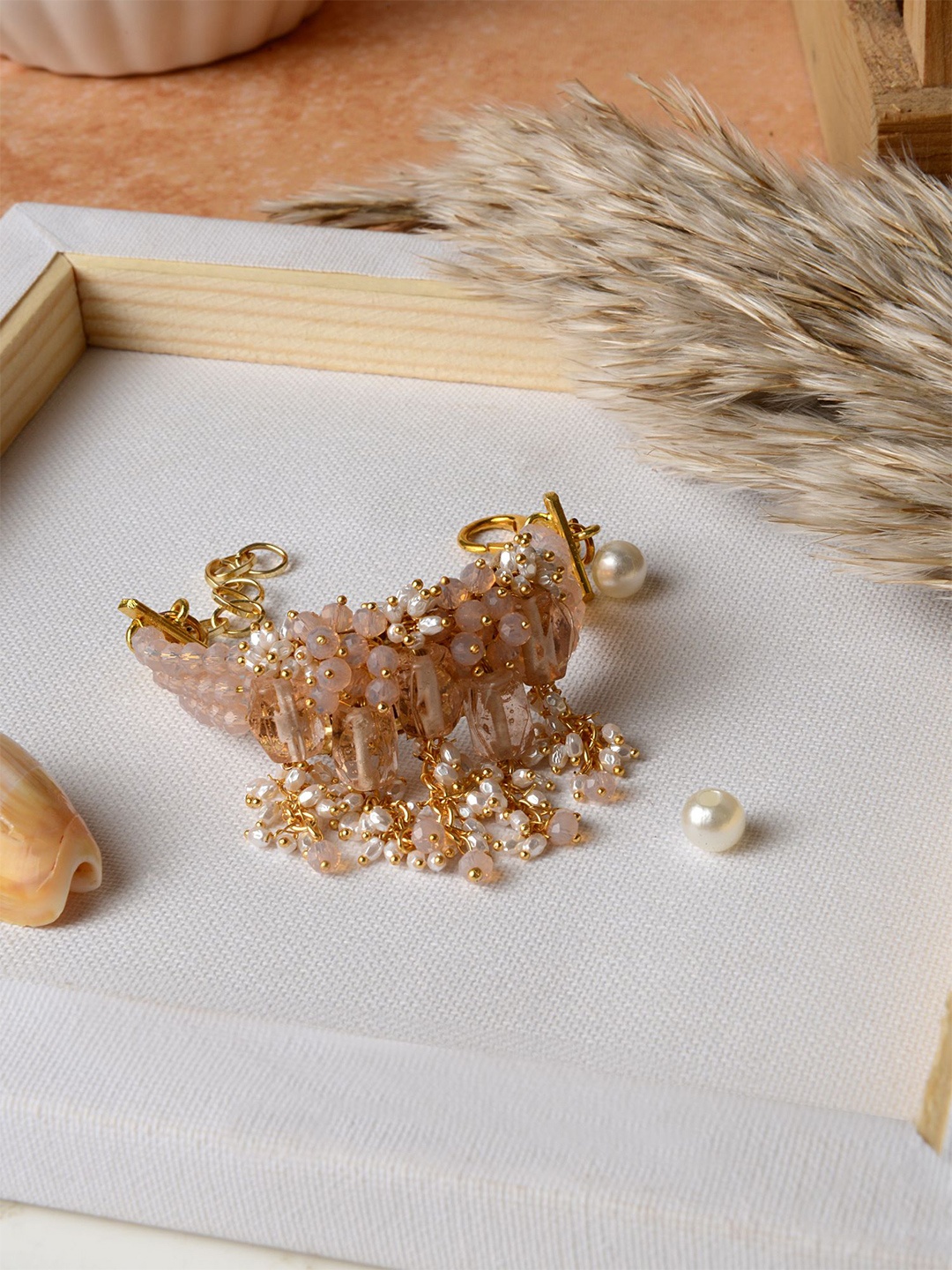 

D'oro Women Pink & Gold-Toned Handcrafted Gold-Plated Pearl Beaded Bracelet, Peach