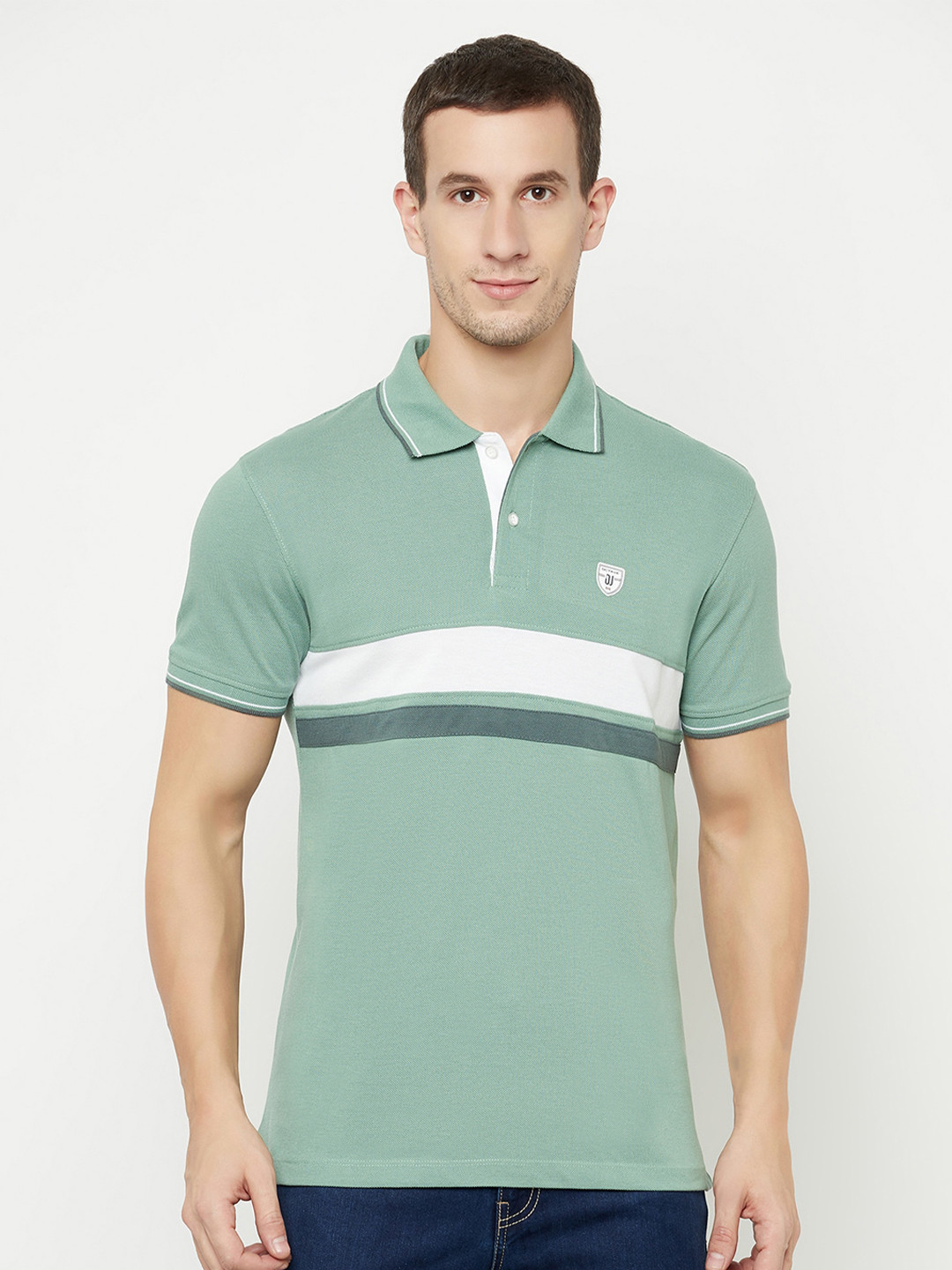 

Octave Men Green Striped Polo Collar T-shirt