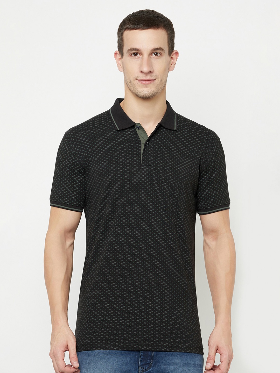 

Octave Men Black Printed Cotton Polo Collar T-shirt