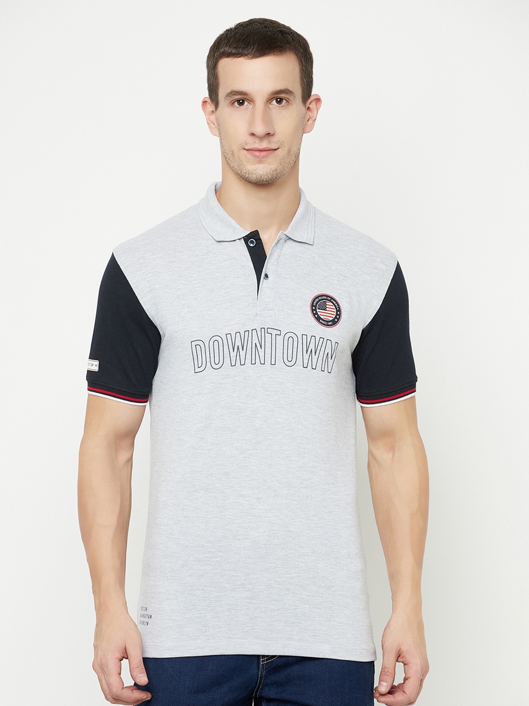 

Octave Men Grey & Black Typography Printed Polo Collar T-shirt