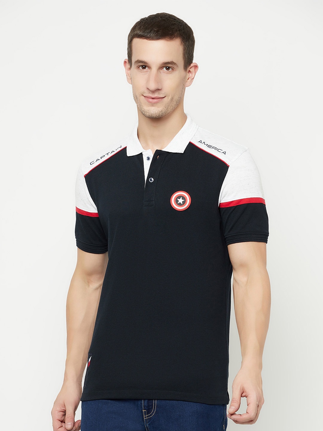 

Octave Men Navy Blue Captain America Colourblocked Cotton Polo Collar T-shirt