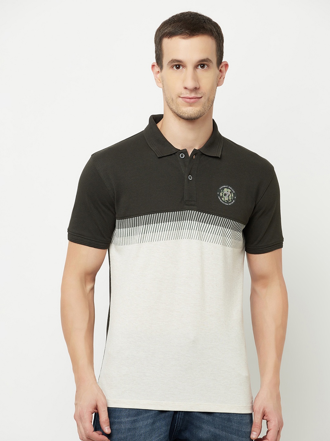 

Octave Men Olive Green & White Colourblocked Polo Collar T-shirt