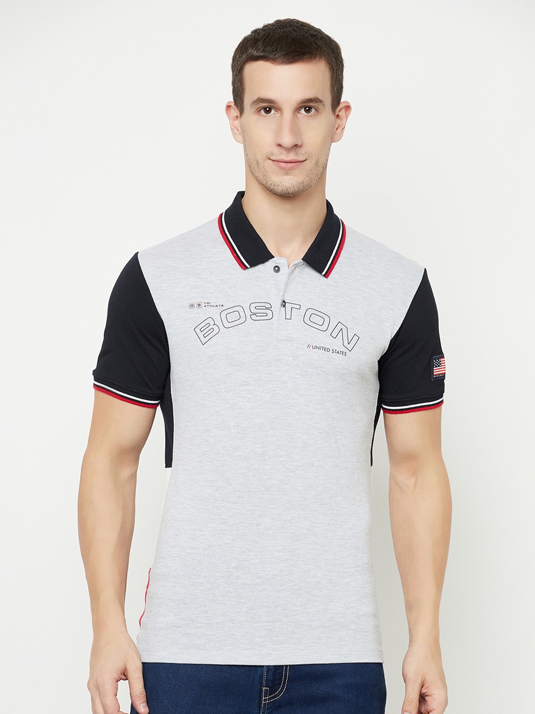 

Octave Men Grey & Navy Blue Colourblocked Polo Collar T-shirt