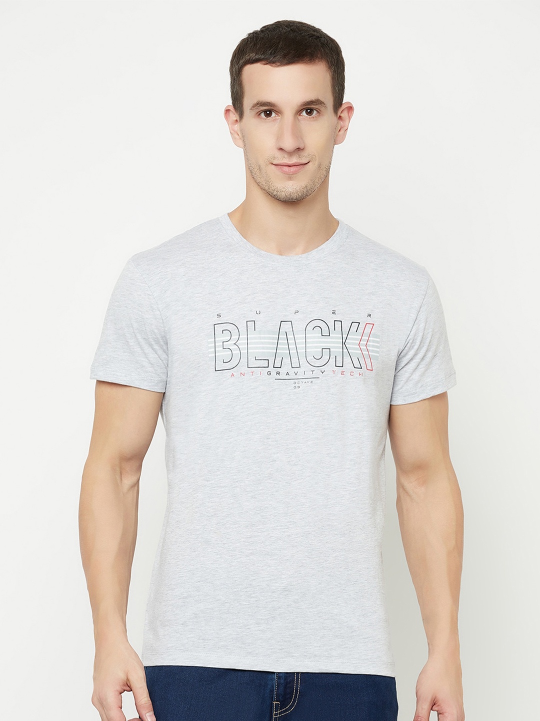 Octave Men Grey Melange Typography Printed T-shirt