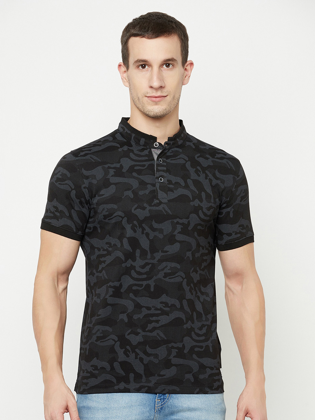 

Octave Men Black Camouflage Printed Cotton Mandarin Collar T-shirt