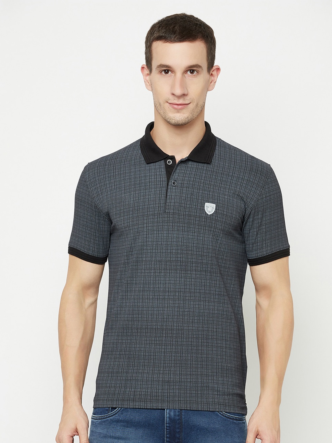 

Octave Men Black Checked Cotton Polo Collar T-shirt