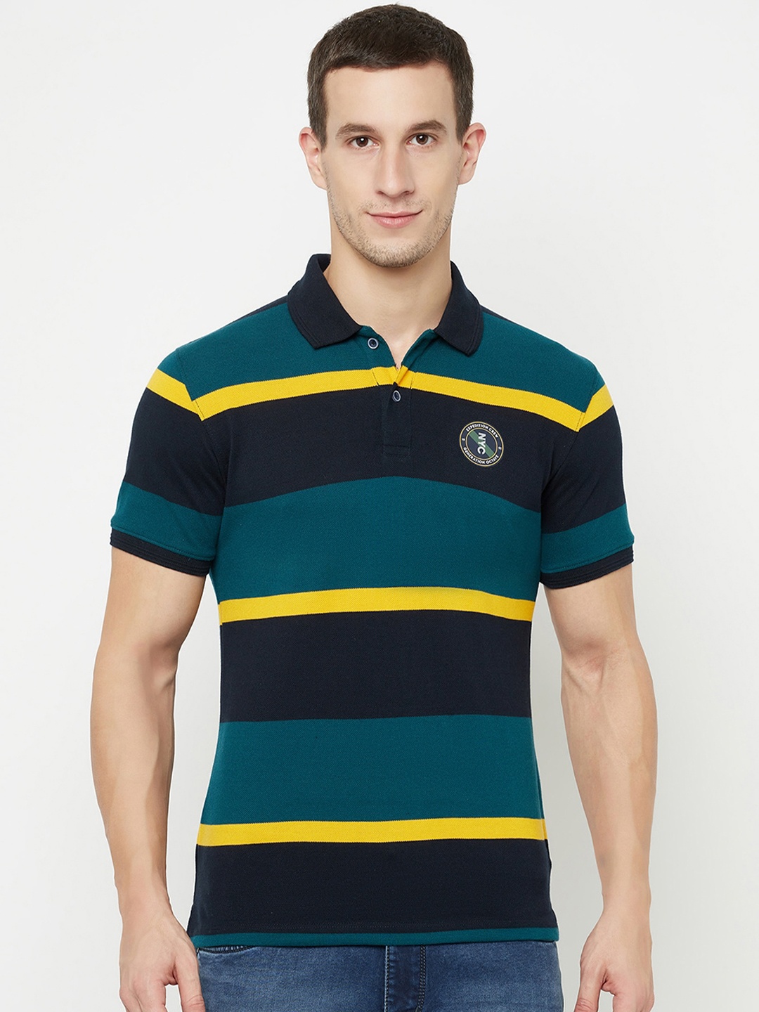

Octave Men Green & Black Striped Cotton Polo Collar T-shirt