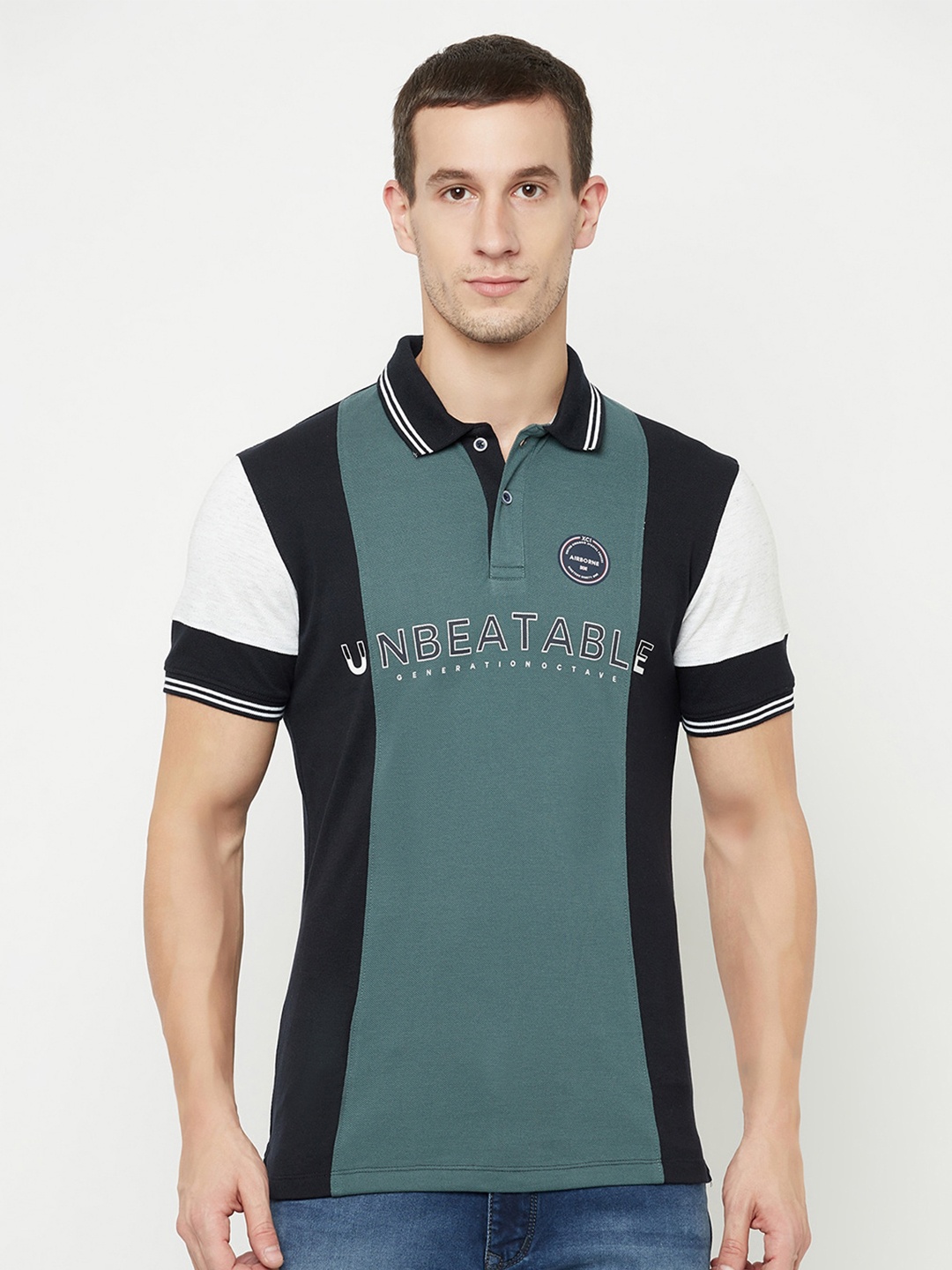 Octave Men Blue & Black Colourblocked Polo Collar T-shirt