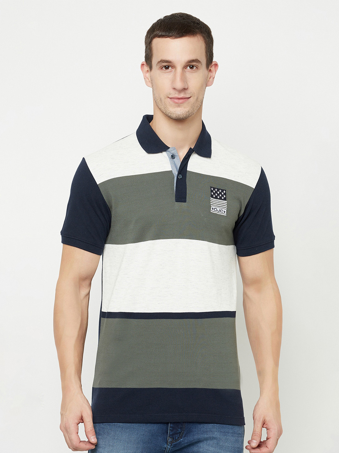 

Octave Men Olive Green & White Striped Polo Collar T-shirt