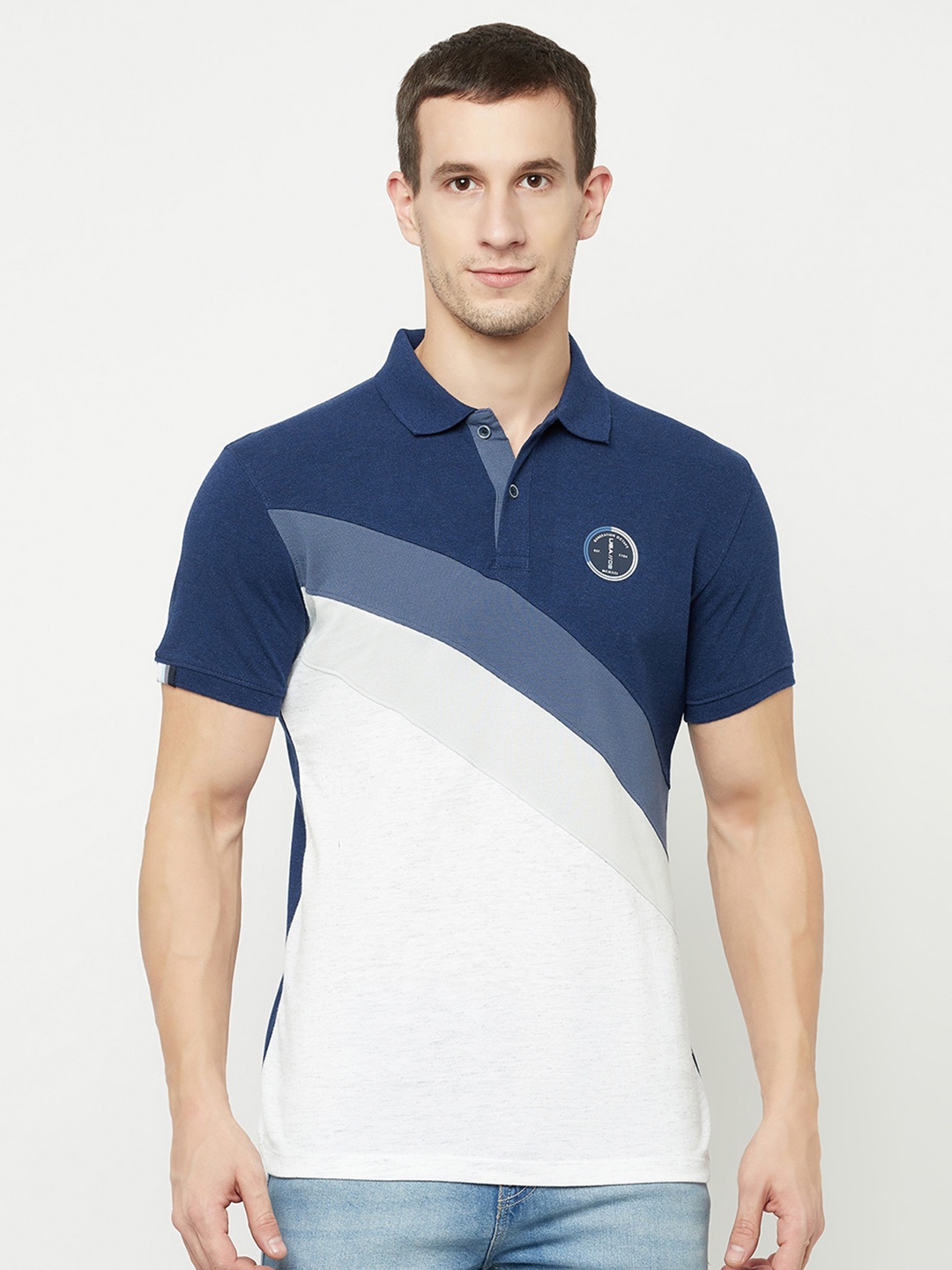 

Octave Men Blue & White Colourblocked Polo Collar T-shirt