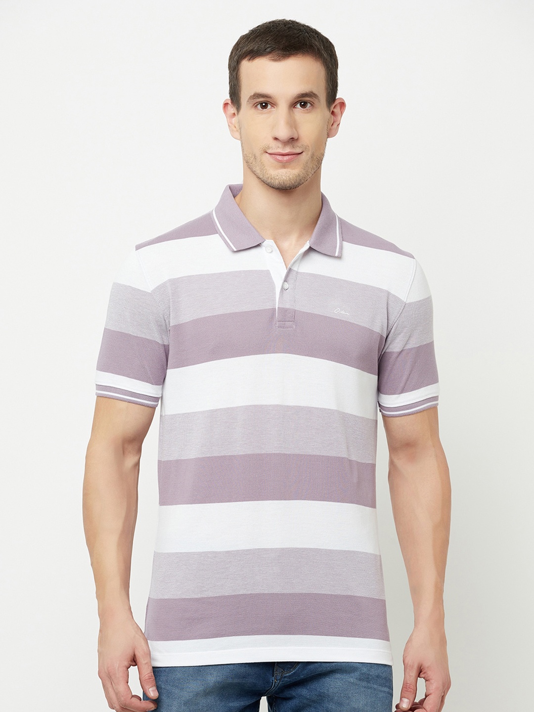 

Octave Men Purple Striped Polo Collar Cotton T-shirt
