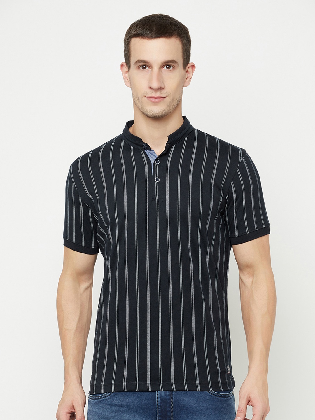 

Octave Men Navy Blue & White Striped Polo Collar T-shirt