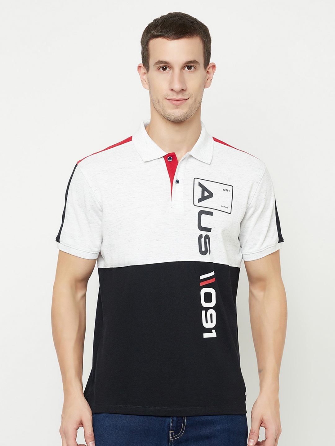 

Octave Men White Colourblocked Cotton Polo Collar T-shirt