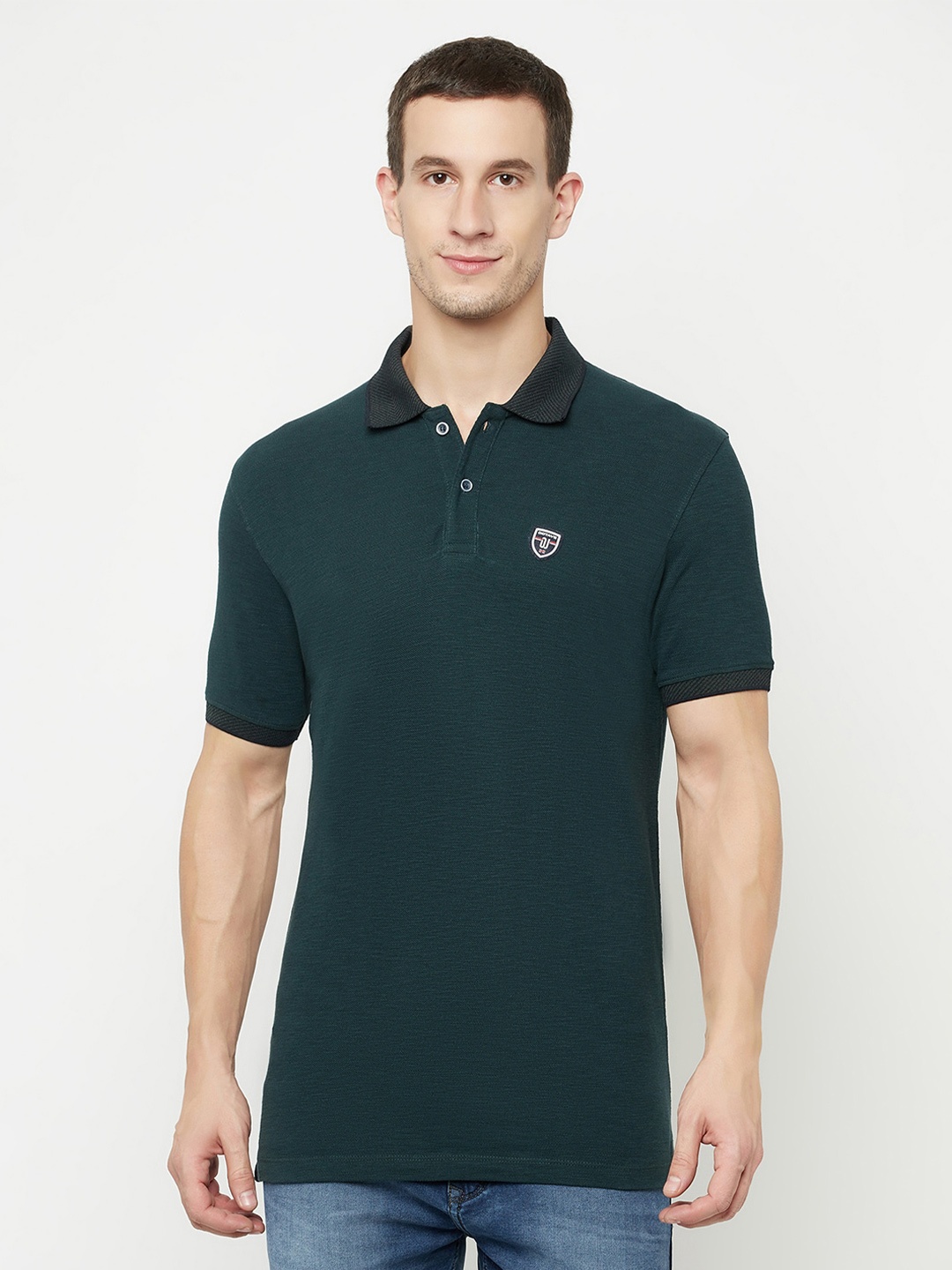 

Octave Men Teal Green Polo Collar Applique T-shirt
