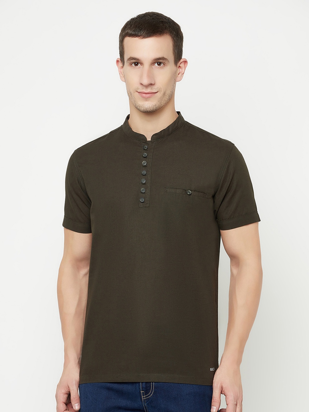

Octave Men Olive Green Mandarin Collar T-shirt