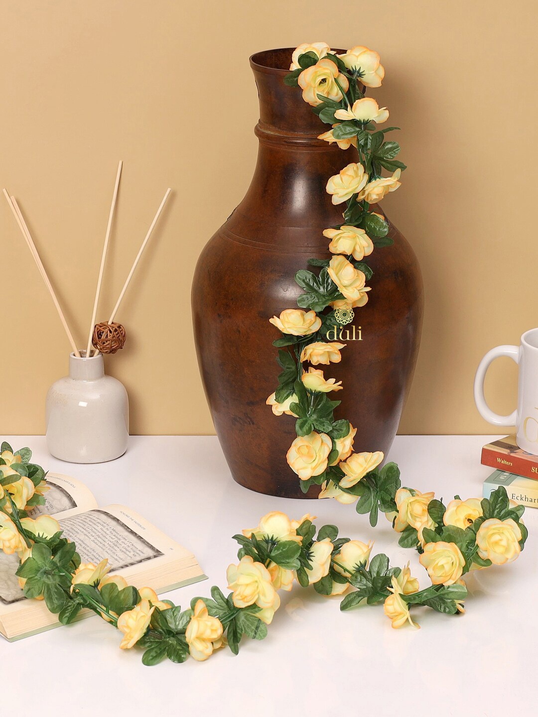 

DULI Yellow & Green Rose Artificial Hanging Creeper Flowers and Plants, Cream
