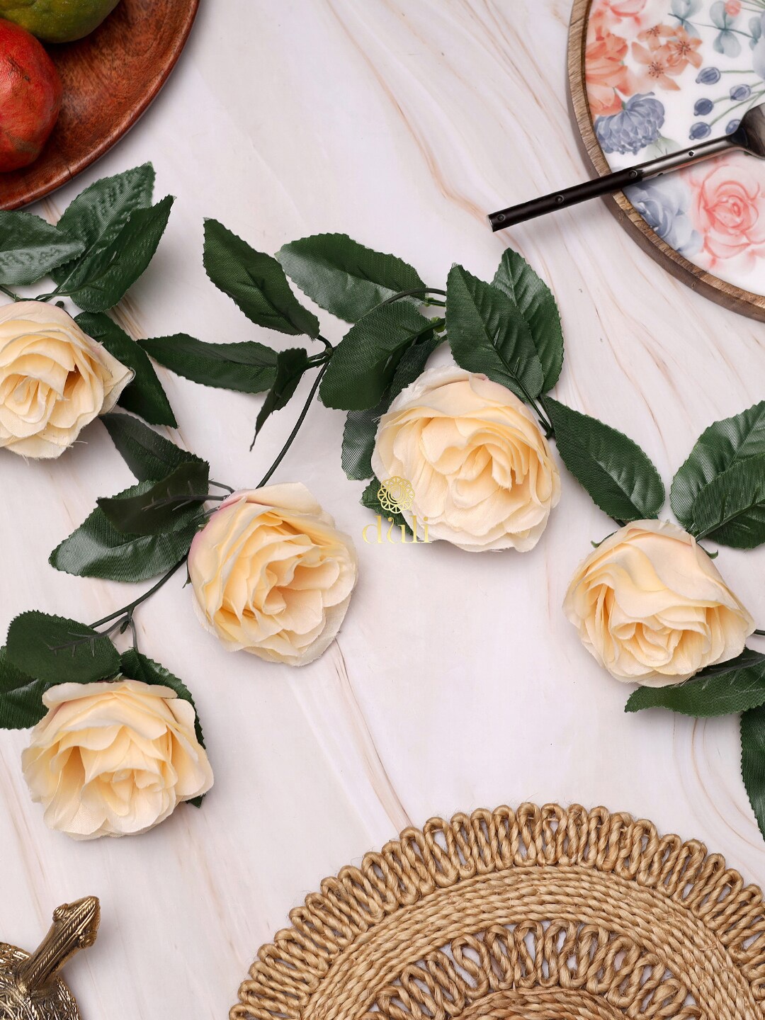 

DULI Cream & Green Rose Artificial Flowers Decorative Vines