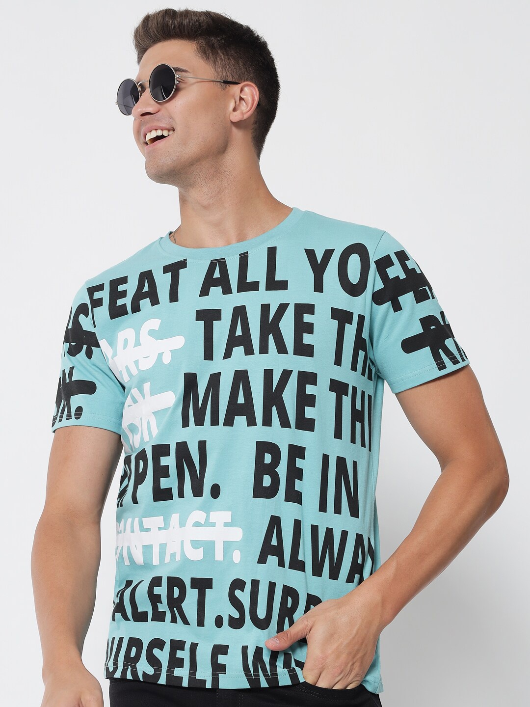 The Dry State Men Blue Typography Printed T-shirt