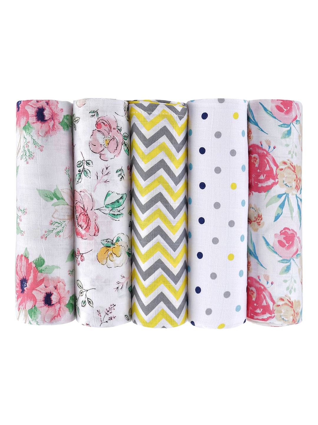 

haus & kinder Pack Of 5 Floral Pure Cotton Muslin Swaddle, White