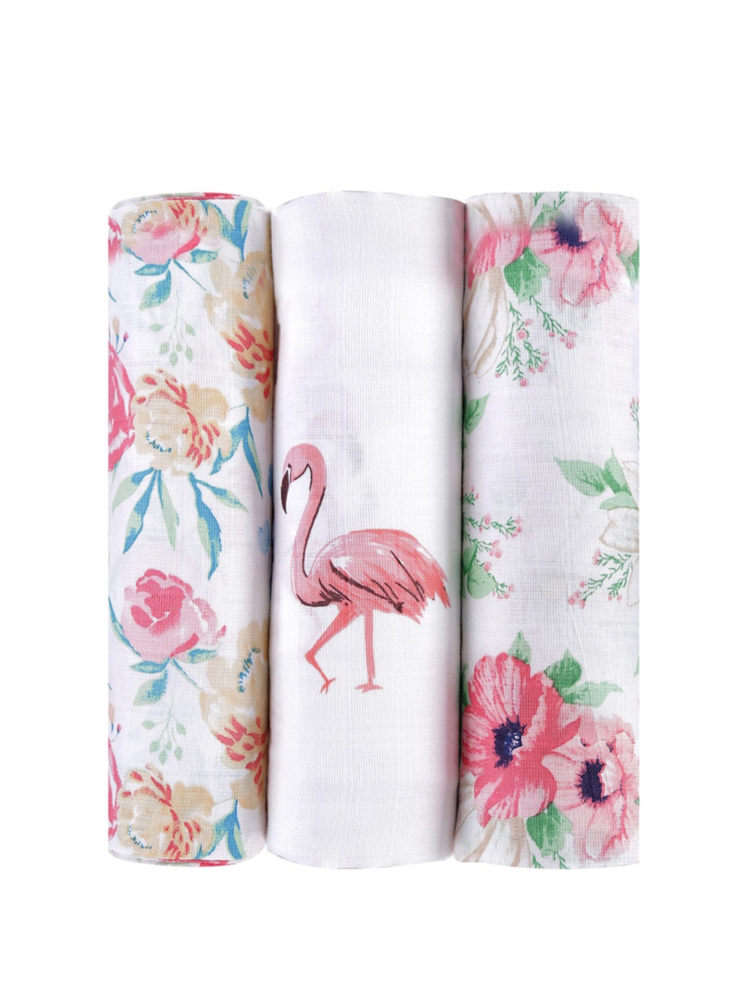 

haus & kinder Pack Of 3 Florals Bird 100% Cotton Muslin Swaddles, White
